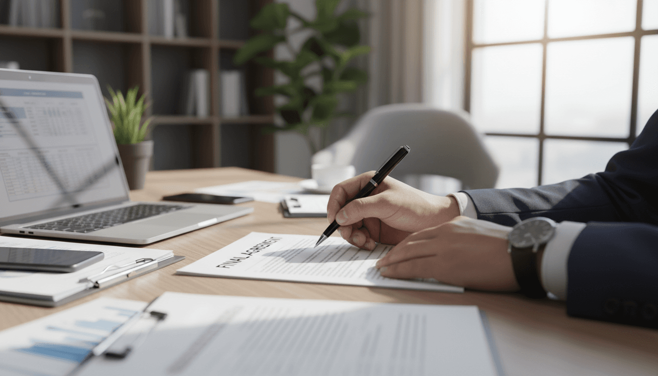 Hand signing a trademark filing document on a desk