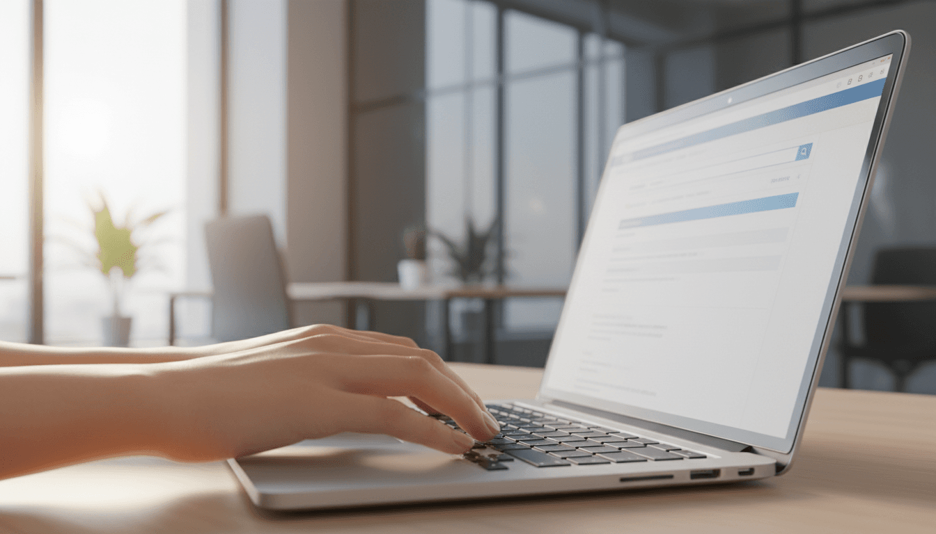 Professional searching trademark data on a laptop in a Houston office