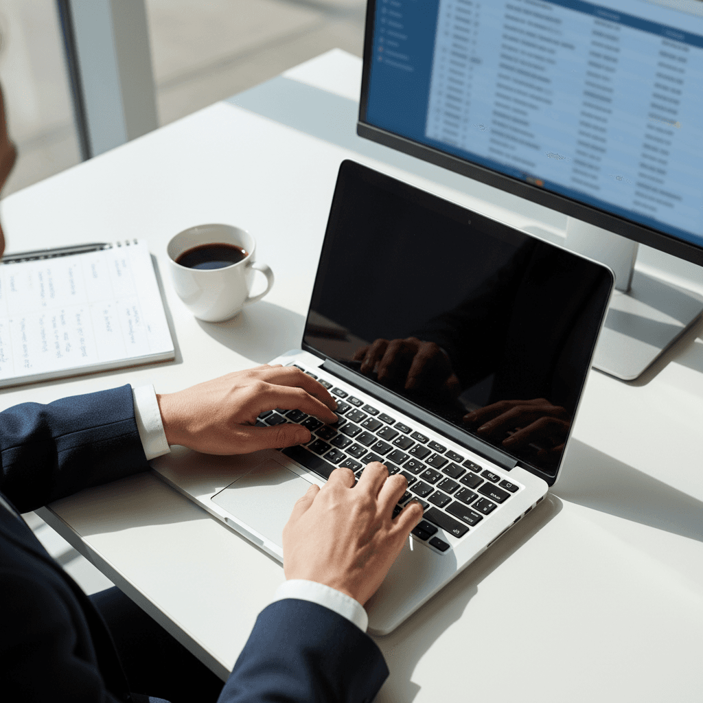 Professional reviewing search results on a computer screen