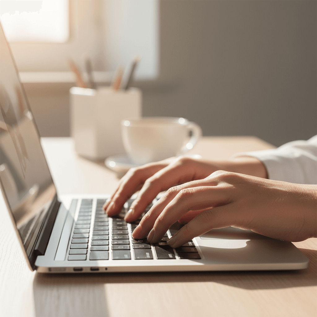 Hands typing on a keyboard in a professional office