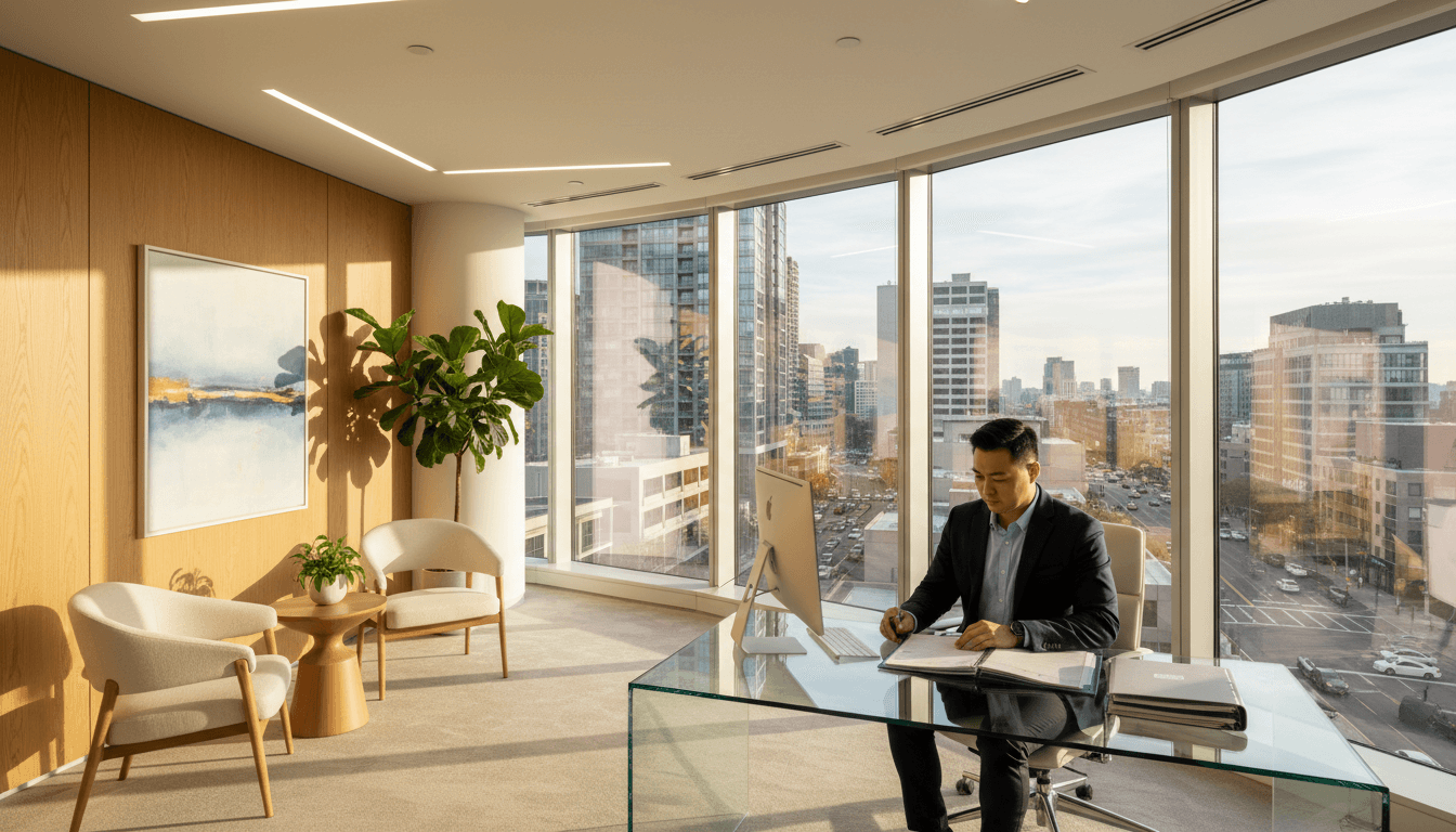 Bright professional office space with a view of the Houston skyline