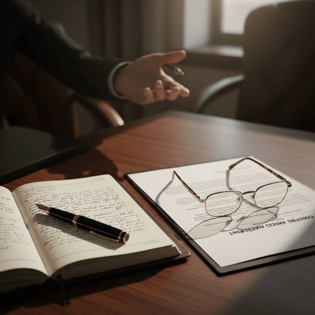 A desk with a laptop, coffee, and trademark filing documents in a bright office