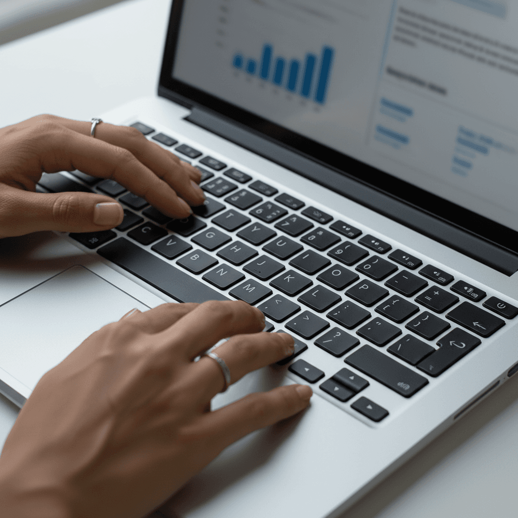 Hands typing on a laptop with trademark documents on a desk