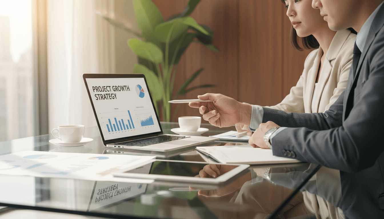A professional discussing trademark details over documents at an office desk