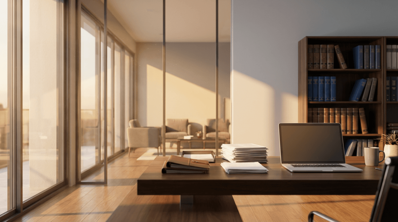 Bright office desk with laptop and trademark documents